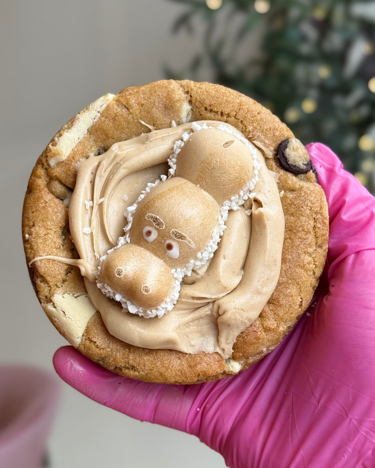 Happy Hippo Kinder Loaded Cookie topped with Kinder cream and a Happy Hippo