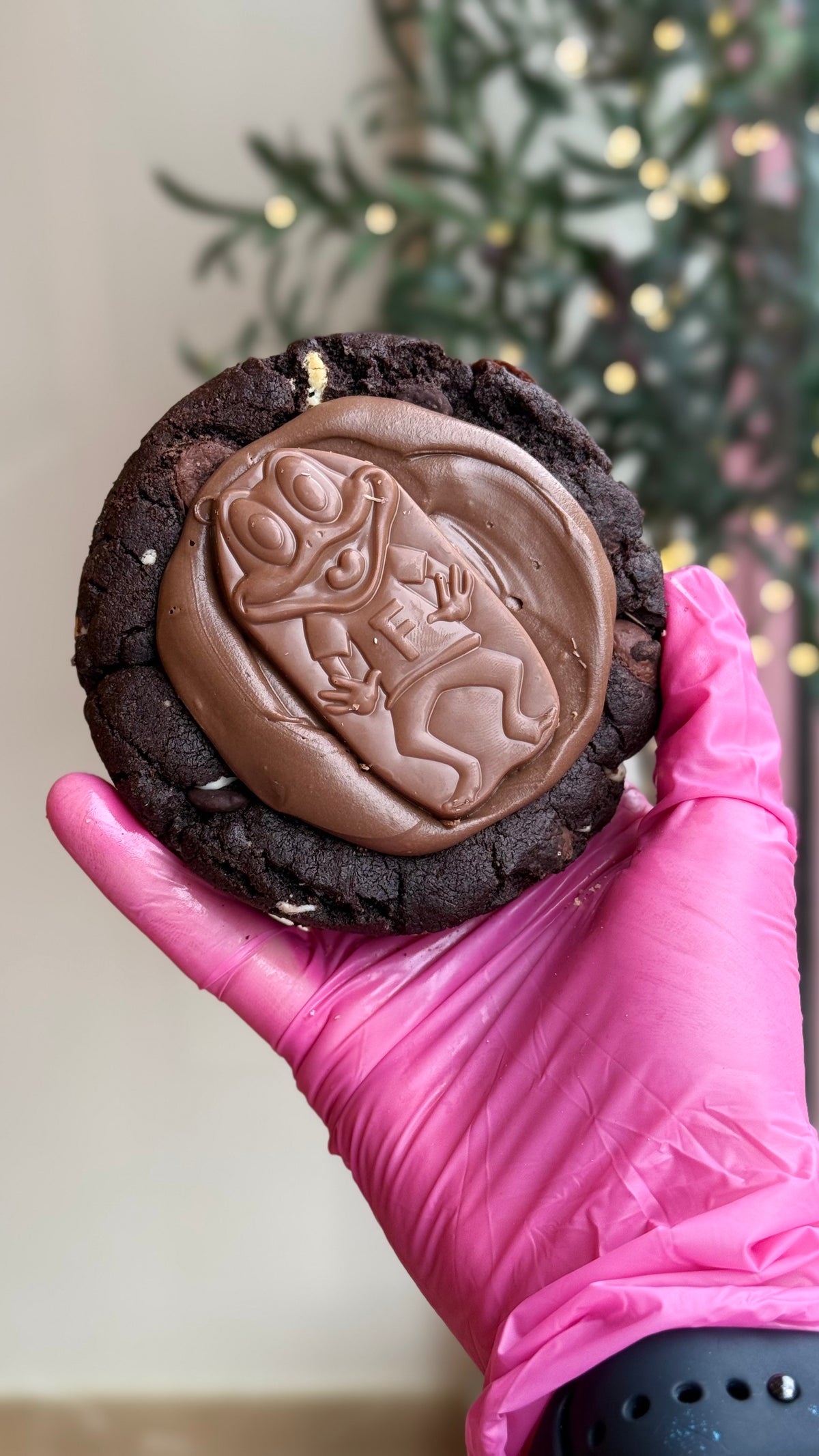 Nutella Freddo Loaded Cookie topped with Nutella and a Cadbury Freddo