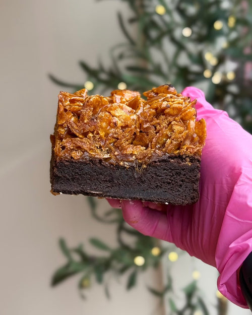 Caramel Cornflake Brownie with crunchy caramel cornflake topping