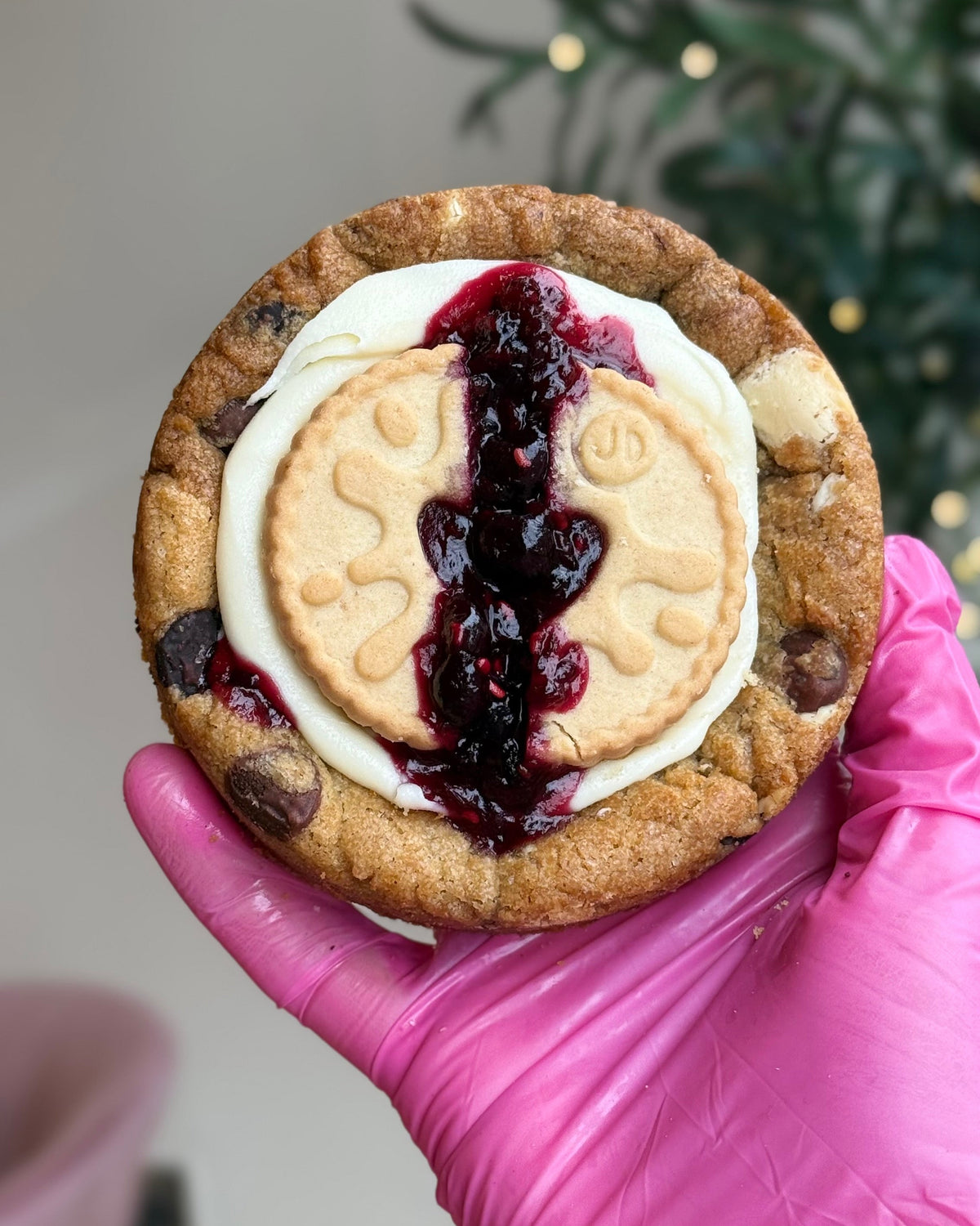 Jammy Dodger and White Chocolate Cookie with raspberry jam