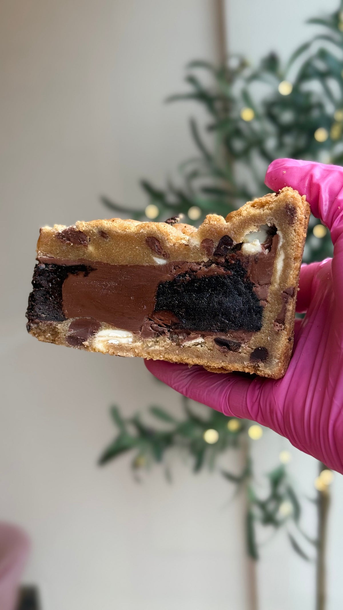Slice of chocolate cookie pie photographed at Bonnies Glamour Bakes